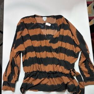 Elegant Black and Brown Striped Wrap Blouse